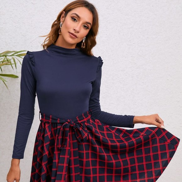 Plaid Tie Waist Ruffle Shoulder Dress - Picture 1 of 9